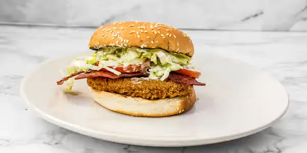 Bacon crispy chicken burger with halal bacon at Yallah Eat on Pembina Hwy, Winnipeg