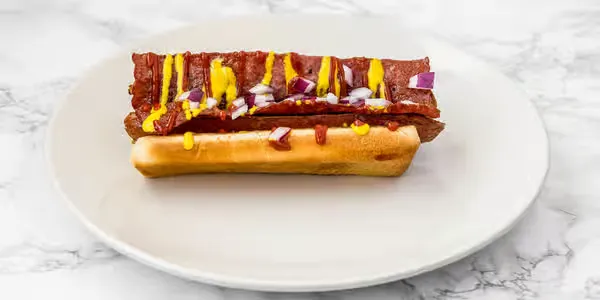 Bacon dog topped with halal bacon at Yallah Eat on Pembina Hwy, Winnipeg
